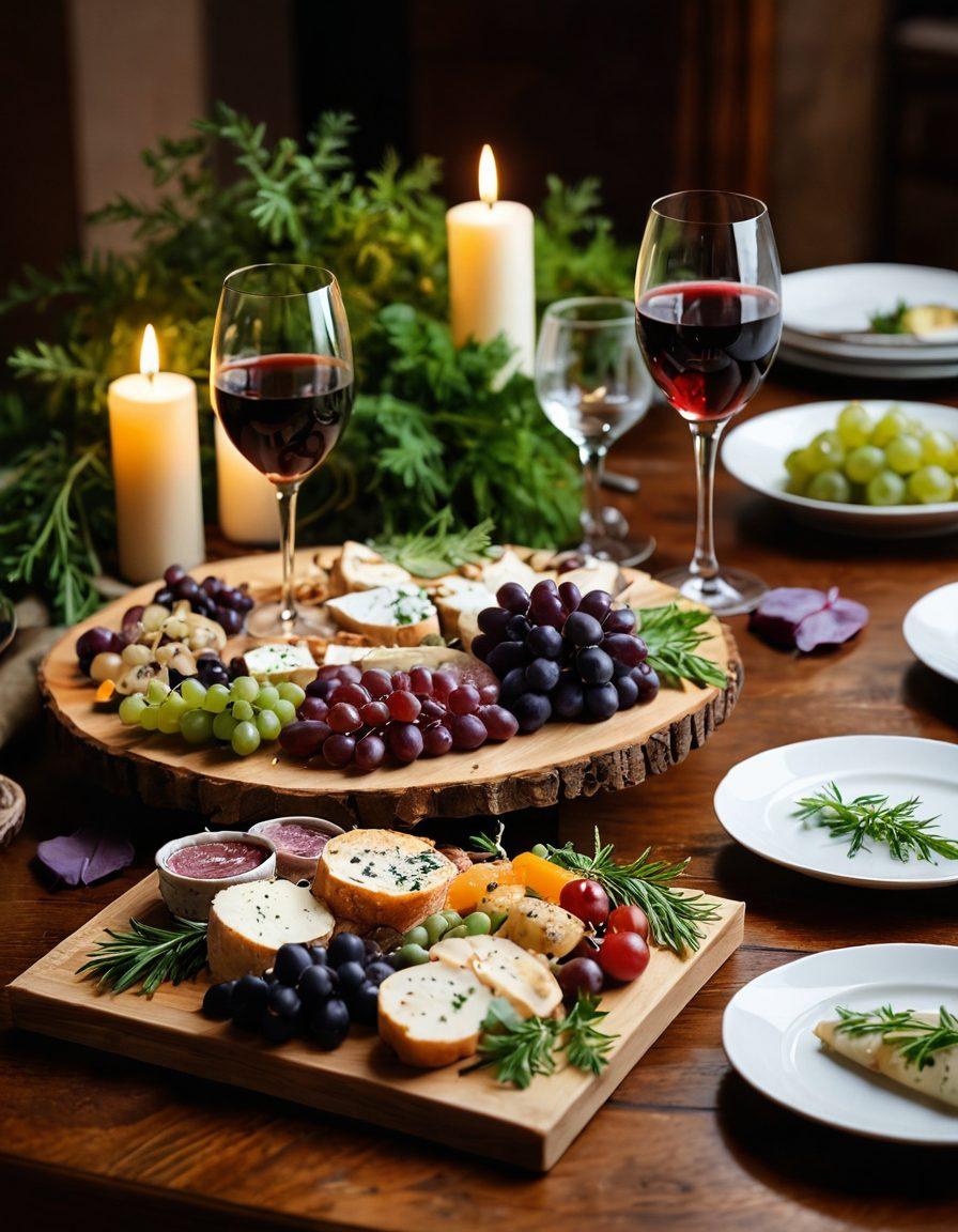 An elegant wooden table set with a variety of sophisticated appetizers paired with a selection of exquisite wines, soft candlelight reflecting on the glasses, surrounded by fresh herbs and grapes, creating a warm and inviting atmosphere. super-realistic. vibrant colors. soft focus.