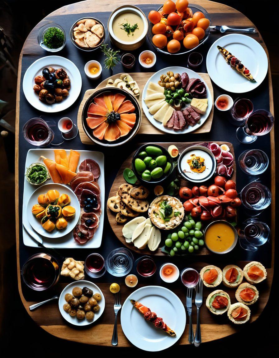 A beautifully arranged table featuring a vibrant selection of tapas and canapés, each one artistically garnished and presented on elegant platters. Incorporate an array of colors from fresh ingredients, with wine glasses and small plates interspersed to emphasize the pairing theme. The setting is a cozy dining environment with soft lighting to evoke a warm atmosphere. super-realistic. vibrant colors. warm tones.