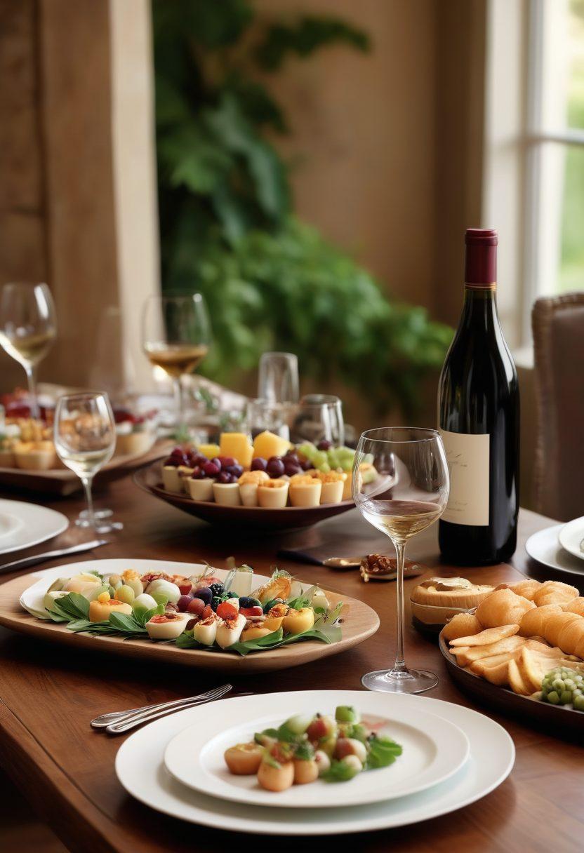 A sophisticated table setting adorned with elegant wine glasses and gourmet appetizers artfully arranged on a wooden surface. Soft ambient lighting enhances the romantic atmosphere, with a backdrop showcasing lush vineyards and a cozy event space. Include fresh ingredients and stylish serving platters to evoke a sense of luxury and celebration. super-realistic. warm tones. elegant details.
